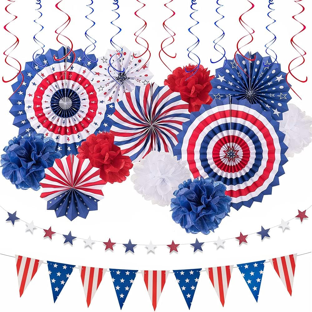 4th of July Decorations 26PCS Patriotic Decorations Set Memorial Election Party Supplies Red White Blue Hanging Paper Fans, USA Flag Pennant, Star Streamer, Pom Poms, Hanging Swirls