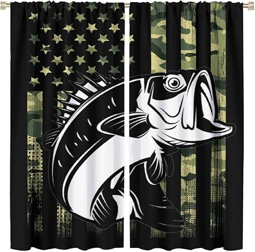 Cortinas de pesca con estampado de bandera de camuflaje verde, estampado de peces y lubina, cortina opaca para dormitorio, sala de estar, 2 grupos