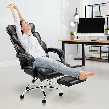 COLAMY Bürostuhl Leder mit Fußstütze Ergonomischer Chefsessel für Homeoffice – Hohe Rückenlehne 90–135° Neigefunktion Gepolsterte Armlehnen Office Chair mit Lendenkissen Schwarz