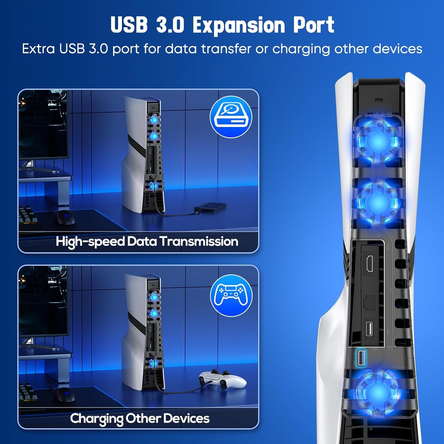 Lüfter für PS 5 Pro/Slim-Konsole, PS 5 Silent Enhanced Cooling Fan mit 3 lüftern und USB 3.0-Anschluss, Automatische Lüftergeschwindigkeit je nach Temperatur einstellbar