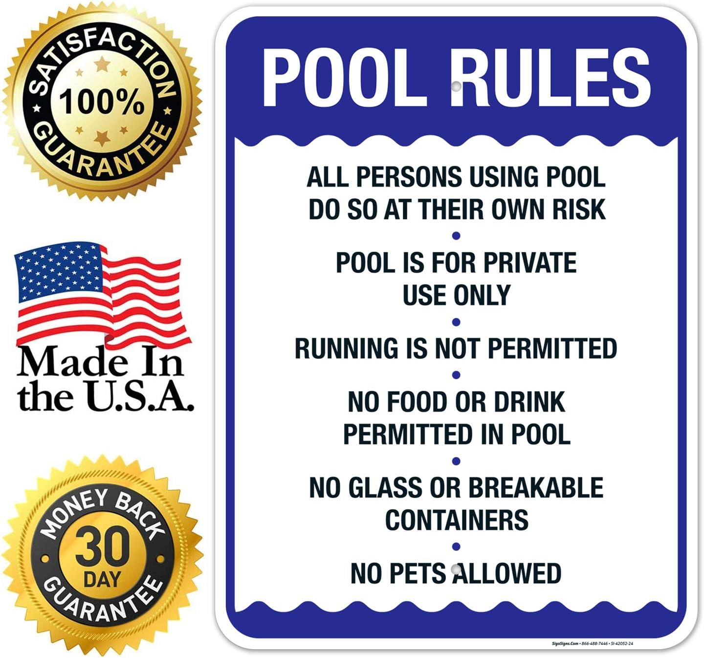 Pool Rules Sign, No Food or Drinks Pool Sign, 18x24 Inches, Rust Free .063 Aluminum, Fade Resistant, Easy Mounting, Indoor/Outdoor Use, Made in USA