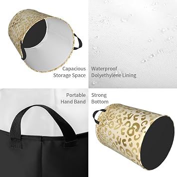 Gold Glitter Leopard Laundry Basket Waterproof Oxford Cloth Organizer Basket Collapsible Clothes Hamper with Handle Toy Gift Bin Baskets