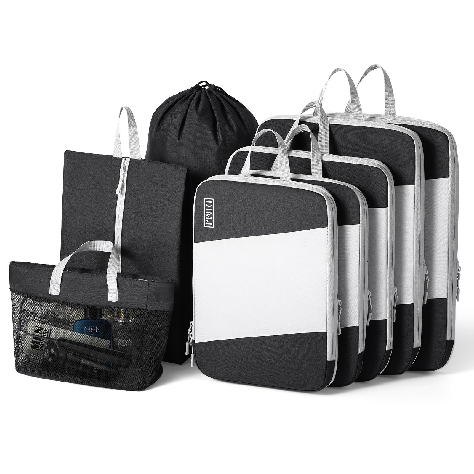 DIMJPacking Cubes for Travel, DIMJ Large Capacity Compression Packing Cubes Sturdy Compression Packing Cubes Travel, Packing Cubes for Suitcases with Mesh Toiletry Bag, 8 Pack, White and Black, YSYLZ001