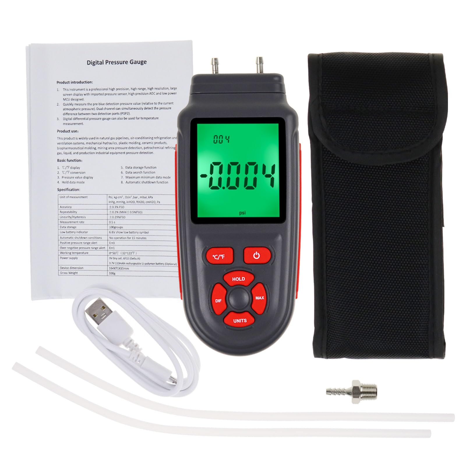 Manometro professionale Tester di pressione del gas Calibro del campo di misurazione ±3 psi HVAC 12 UUnità Selezionabili Doppia Porta Differenziale Misuratore di pressione dell'aria