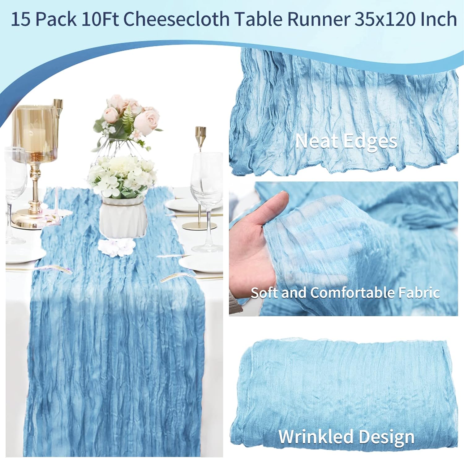 15 Pack Baby Blue Cheesecloth Table Runner 10Ft Gauze Cheese Cloth Table Runner 35x120Inch Boho Table Runners for Wedding Birthday Party Anniversary Engagement Bridal Baby Shower Reception Table Décor