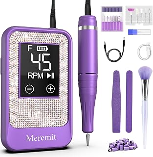 Professional Nail Drill Cordless 45000 RPM, Meremit Electric Nail File with Diamond Decoration, 12Pcs Drill Bits, Large LCD Screen, Rechargeable Electric Nail Machine Drill for Acrylic Gel Nail Polish
