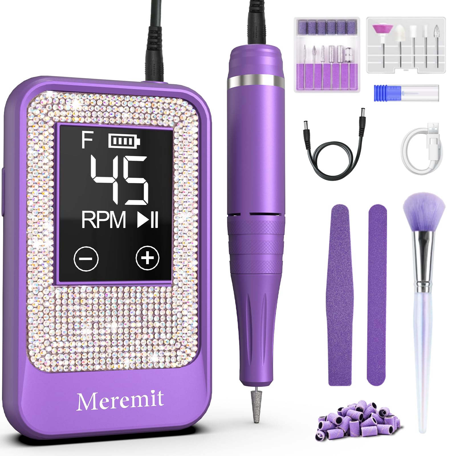 Perceuse à ongles professionnelle sans fil 45 000 tr/min, lime à ongles électrique Meremit avec décoration diamant, 12 forets, grand écran LCD, perceuse électrique rechargeable pour vernis à ongles en