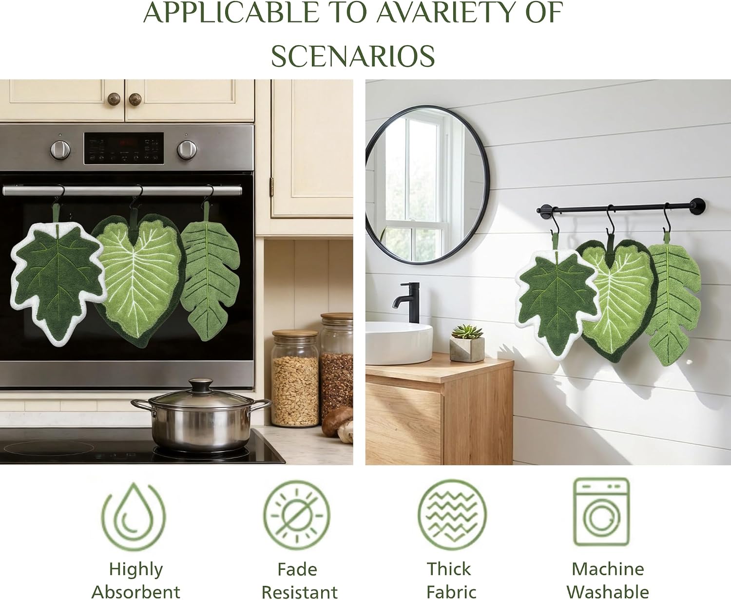 Leaf Shaped Hanging Decor Hand Towels with Loop, Boho Bathroom Decor | 3 Pack Coral Fleece Towels with S Hanging Loop, Soft Absorbent Green Plant Decorative Towels for Bathroom Kitchen＆Oven