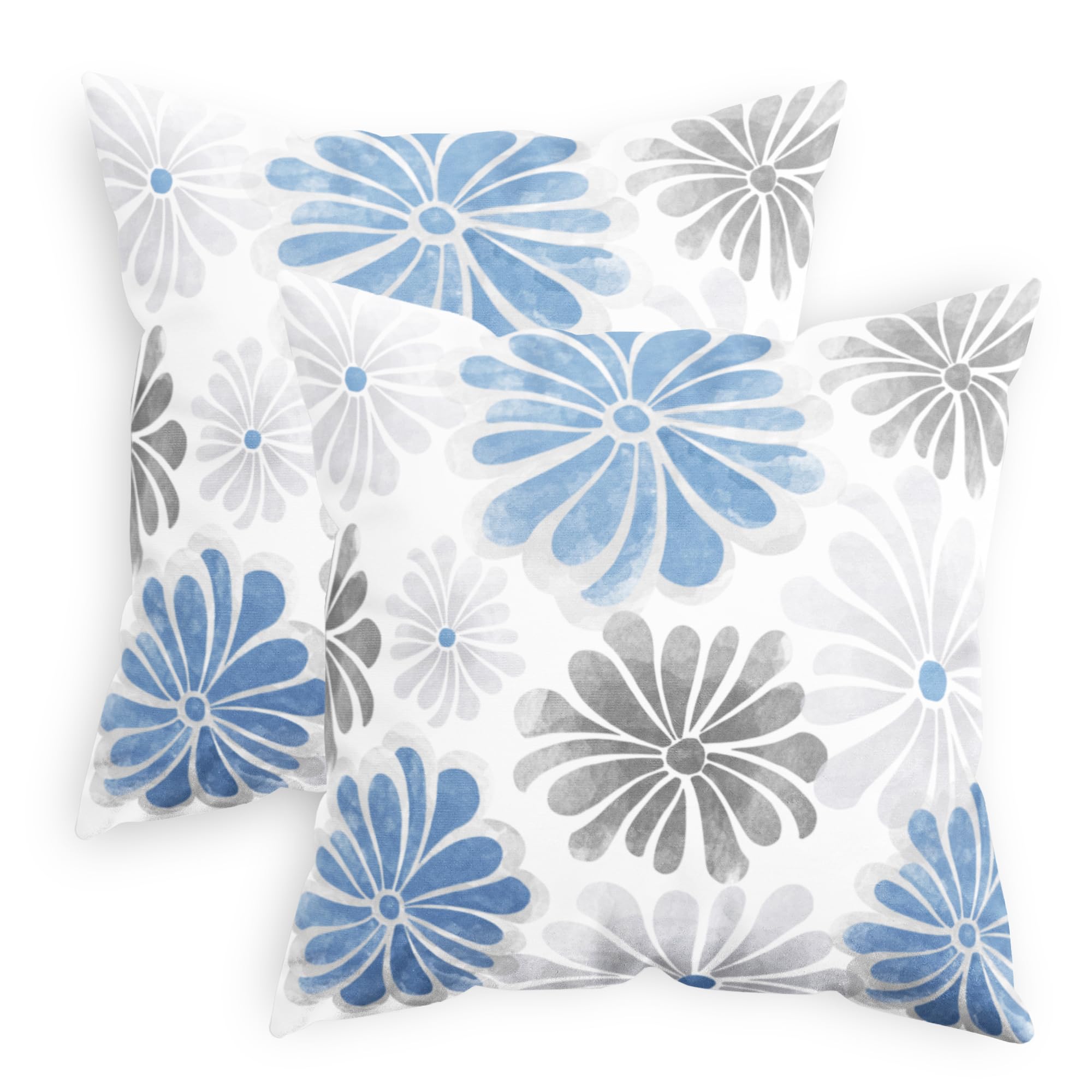 CaliTime Throw Pillow Cases Pack of 2 Cozy Fleece Two-Tone Blooming Flowers Decorative Cushion Covers for Couch Bed Sofa Farmhouse Decoration 50cm X 50cm Blue Grey