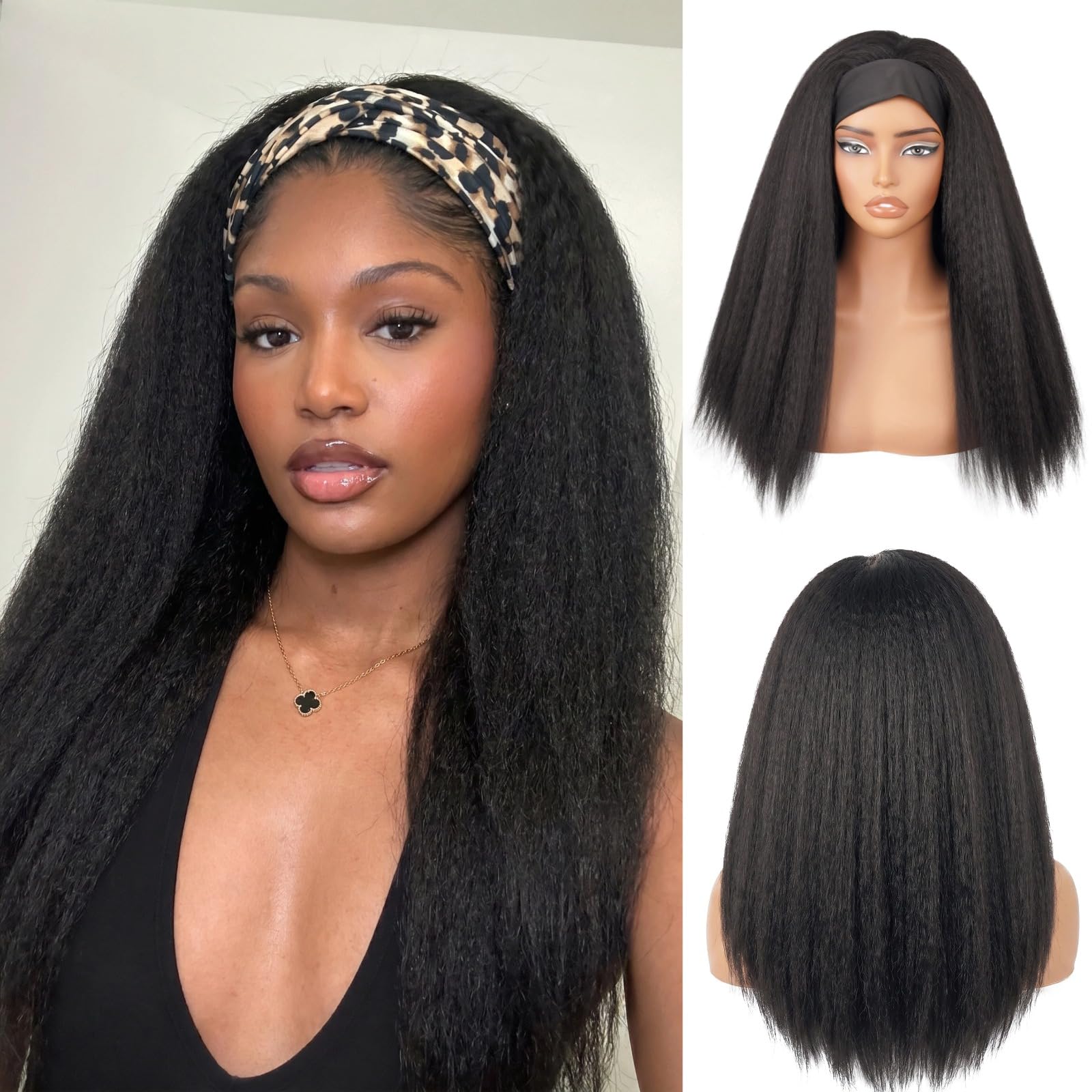 Kinky Straight Headband Wig 200% Density Yaki Straight Synthetic Half Wig Headband Wigs for Black Women None Lace Front Glueless Wig with Headband Attached, #1B Black 20 inch