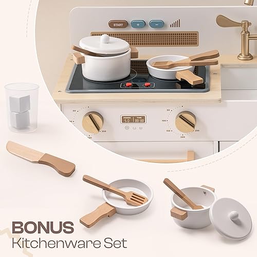 Miniatura 5 de ROBOTIME Juego de cocina para niños pequeños, juego de cocina de madera para niños con luces reales y sonidosdispensador de cubitos de hielo, cocina