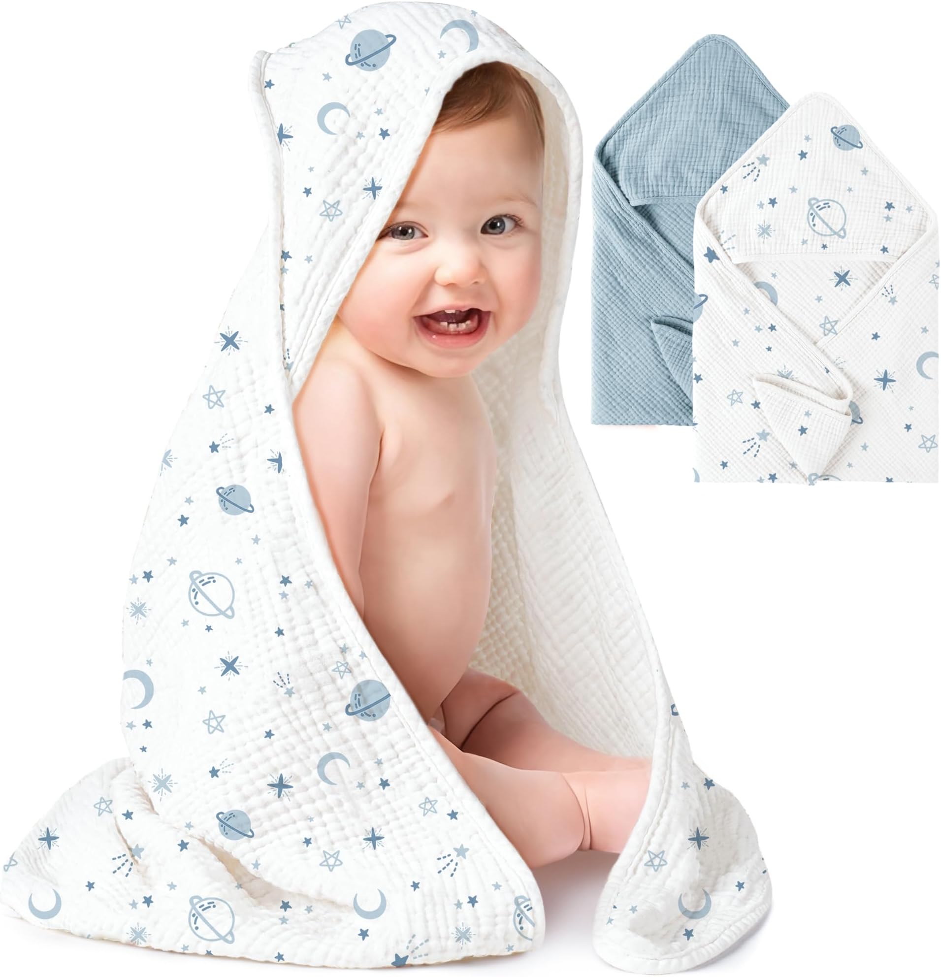 Konssy 2 Pack Muslin Hooded Baby Towels for Newborn Soft 100% Cotton Baby Bath Towel with Hood for Baby, Infant Ultra Absorbent, Baby Stuff Baby Bath Shower Gifts (Blue, Star,30" x 30")