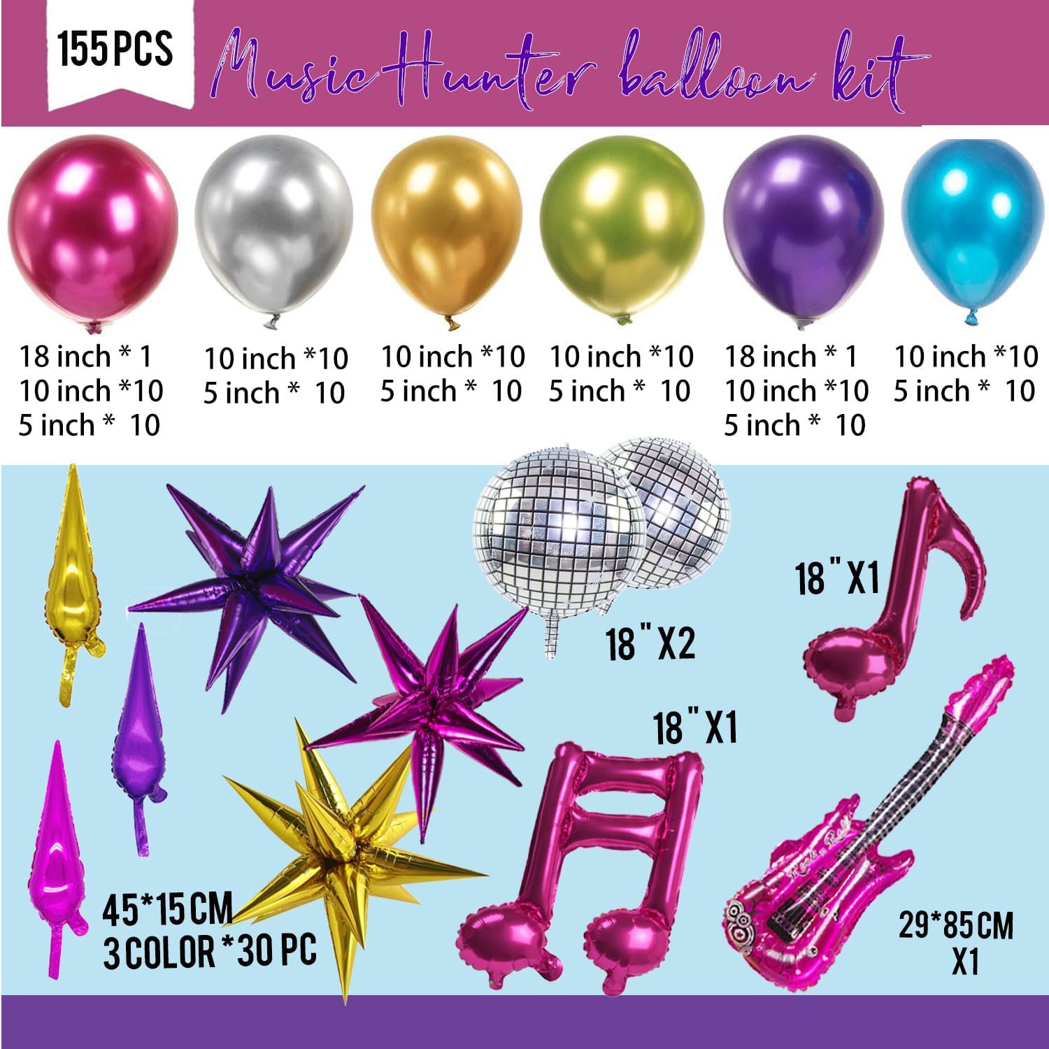 K-Pop Music Themed Birthday Decorations with Metallic Hot Pink Purple Green Blue Silver Balloon kit - star Disco ball foil Balloons for 80s 90s fans bachelorette grad class of 2026 Prom Decorations