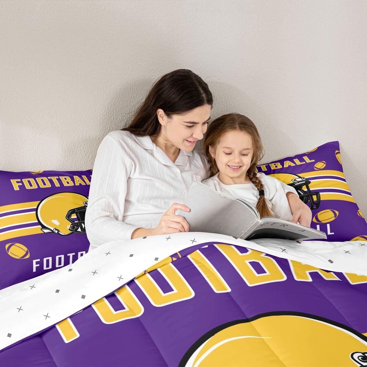jejeloiu Football Bedding Set Boys Girls Twin Size Rugby Sports Comforter Set Women Men Football City Duvet Quilt Purple Yellow Room Decor
