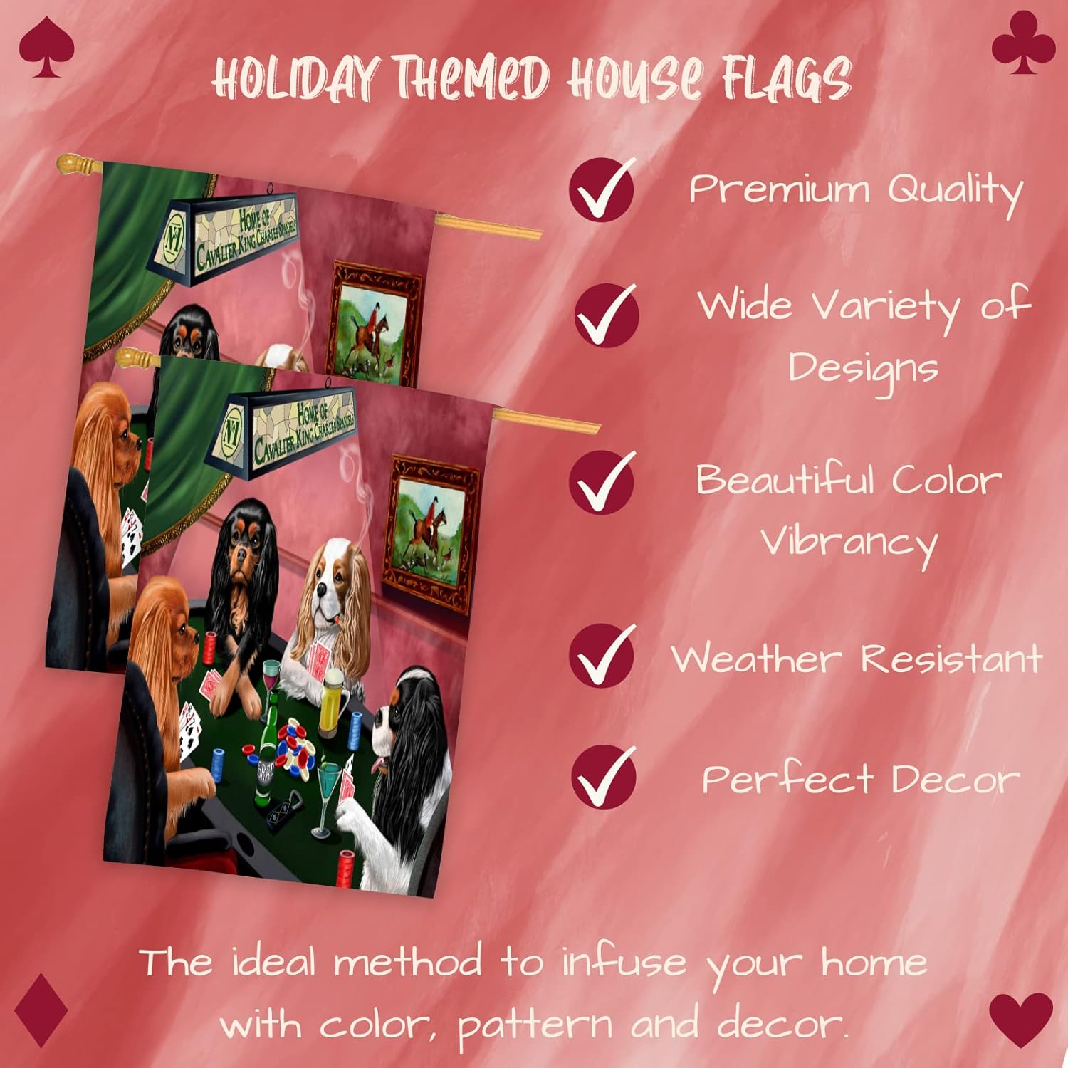 Home of Poker Playing King Charles Cavalier Dogs House Flag - Outdoor Double Sided Pet Portrait Weather Resistant Premium Quality Home Decorative Flags - 100% Polyester 29"w x 43"h