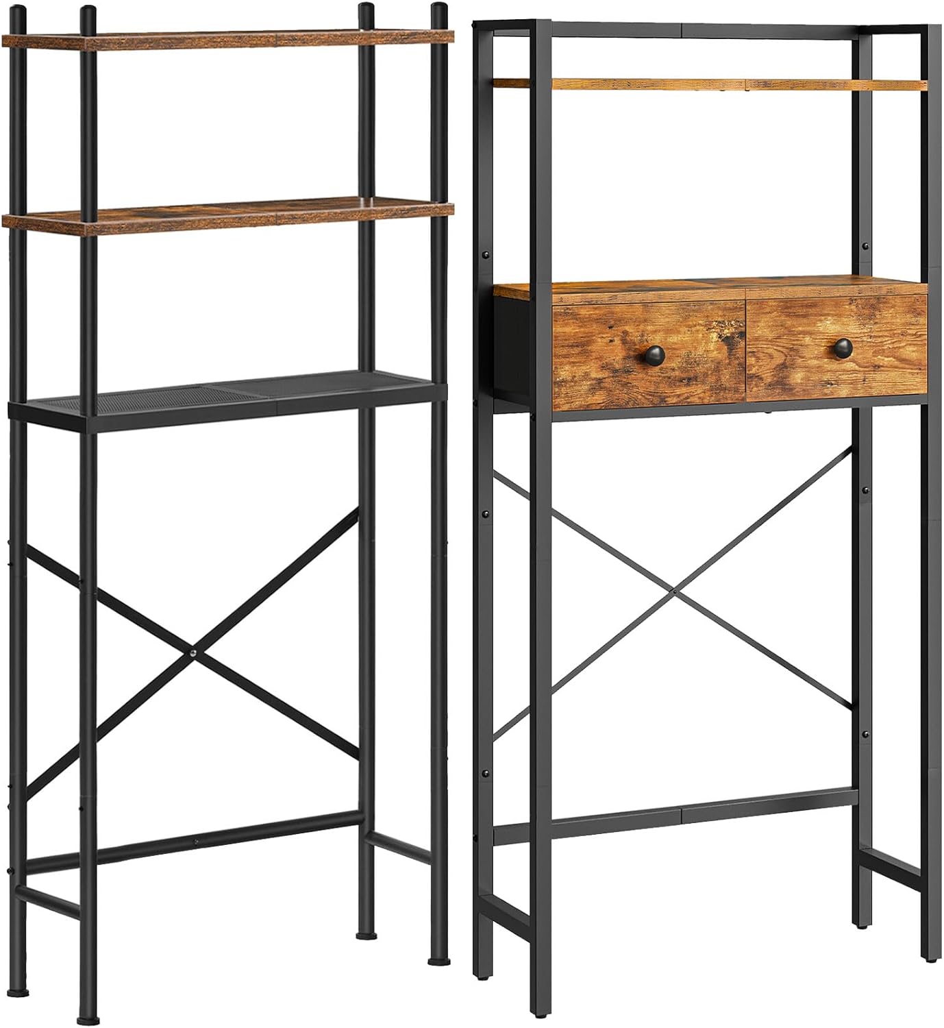 HOOBRO Over The Toilet Storage, 3-Tier Over Toilet Bathroom Organizer, Over Toilet Storage Cabinet for Bathroom Freestanding, Space Saving, Rustic Brown and Black BF63TS01-BF47TS01