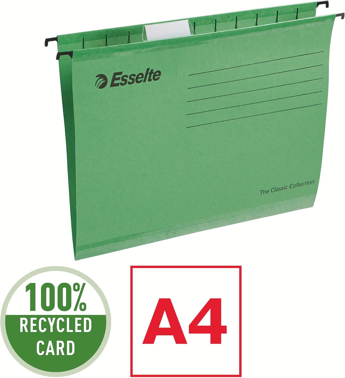 Esselte A4 Reinforced Filing Cabinet Suspension File, Pack 15, Made from Strong 100% Recycled Card, with Tabs and Card Inserts, for Home, Office, School Organisation, Green