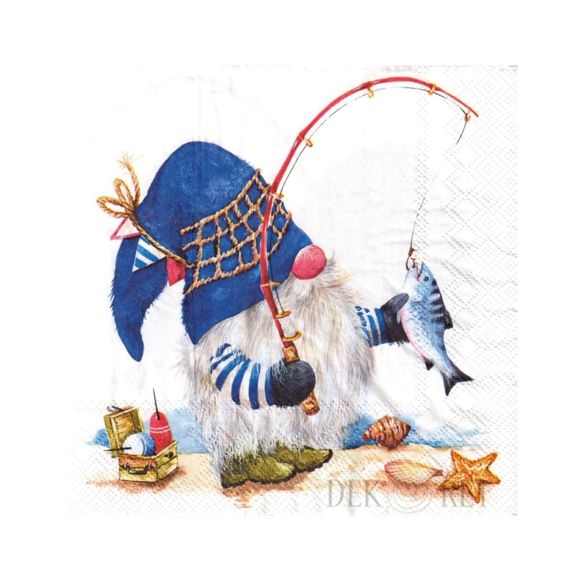 Set of 2 Individual Decoupage Paper Party Napkin Gnome Fishing Watercolor Decor Luncheon Napkins for a Birthday Holiday, Wedding, Cocktail Party