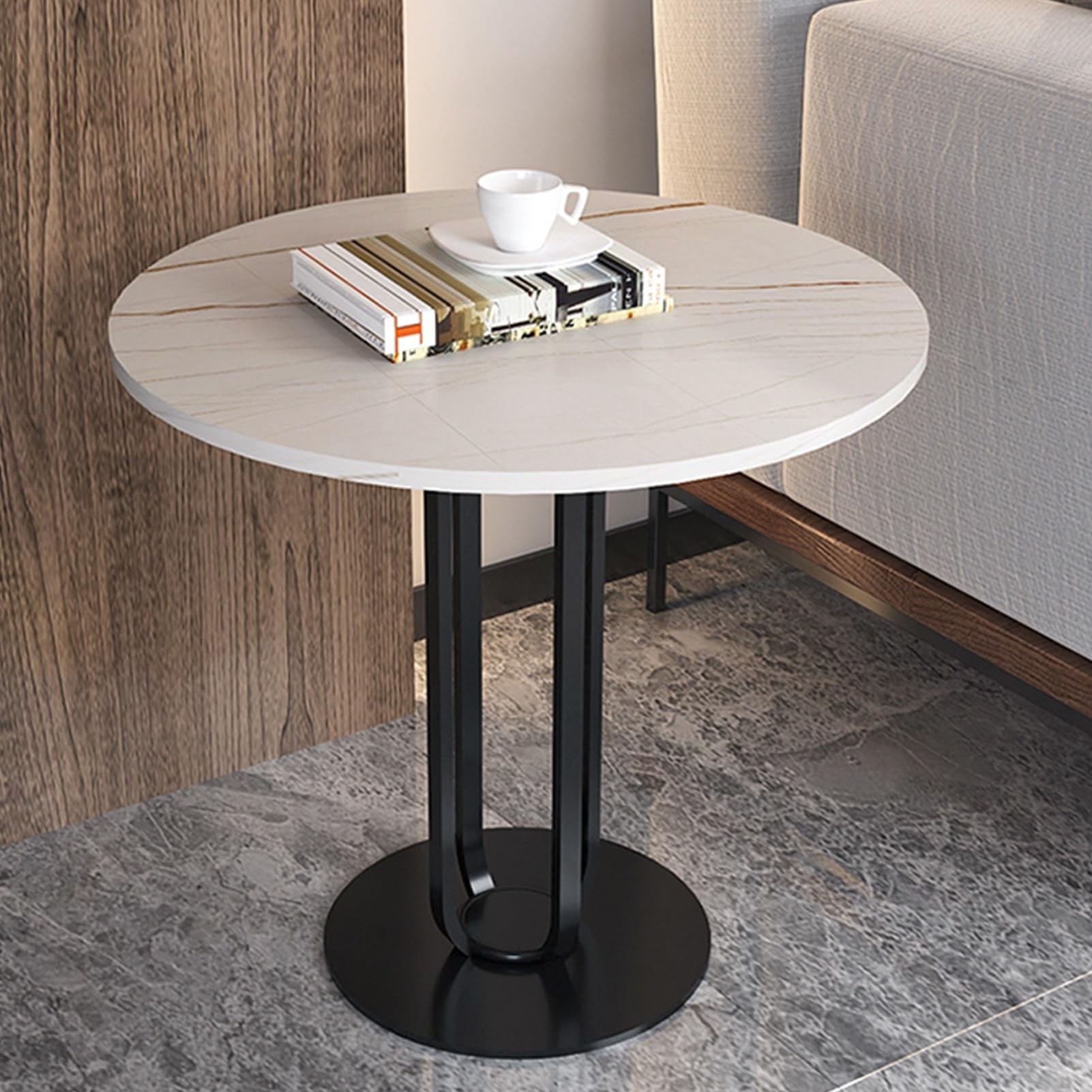 Table d'appoint ronde en marbre blanc et métal noir pour salon et chambre