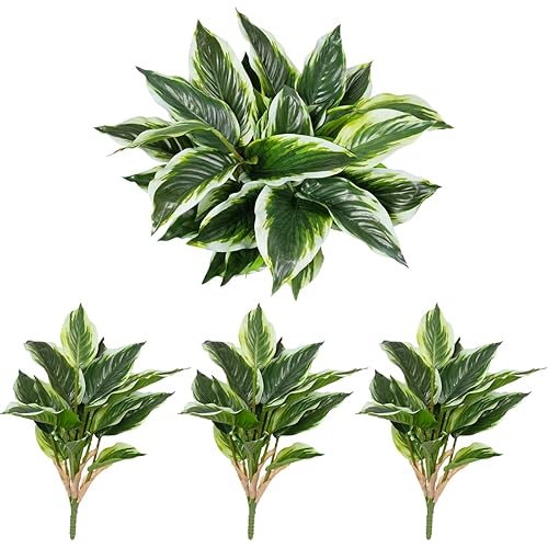 3PCS Artificial Tropical Green Plants – 19.6" Fake Hostas Outdoor Artificial Plants, UV Resistant, Faux Green Leaf Stems for Porch, Patio, Balcony, Garden Planter or Indoor Décor