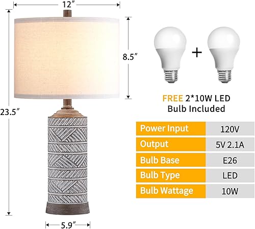 Miniatura 7 de Juego de 2 lámparas de mesa de resina de 23.5 pulgadas pintadas de madera de nogal profundo con acabado de patrones blancos (bombillas incluidas)