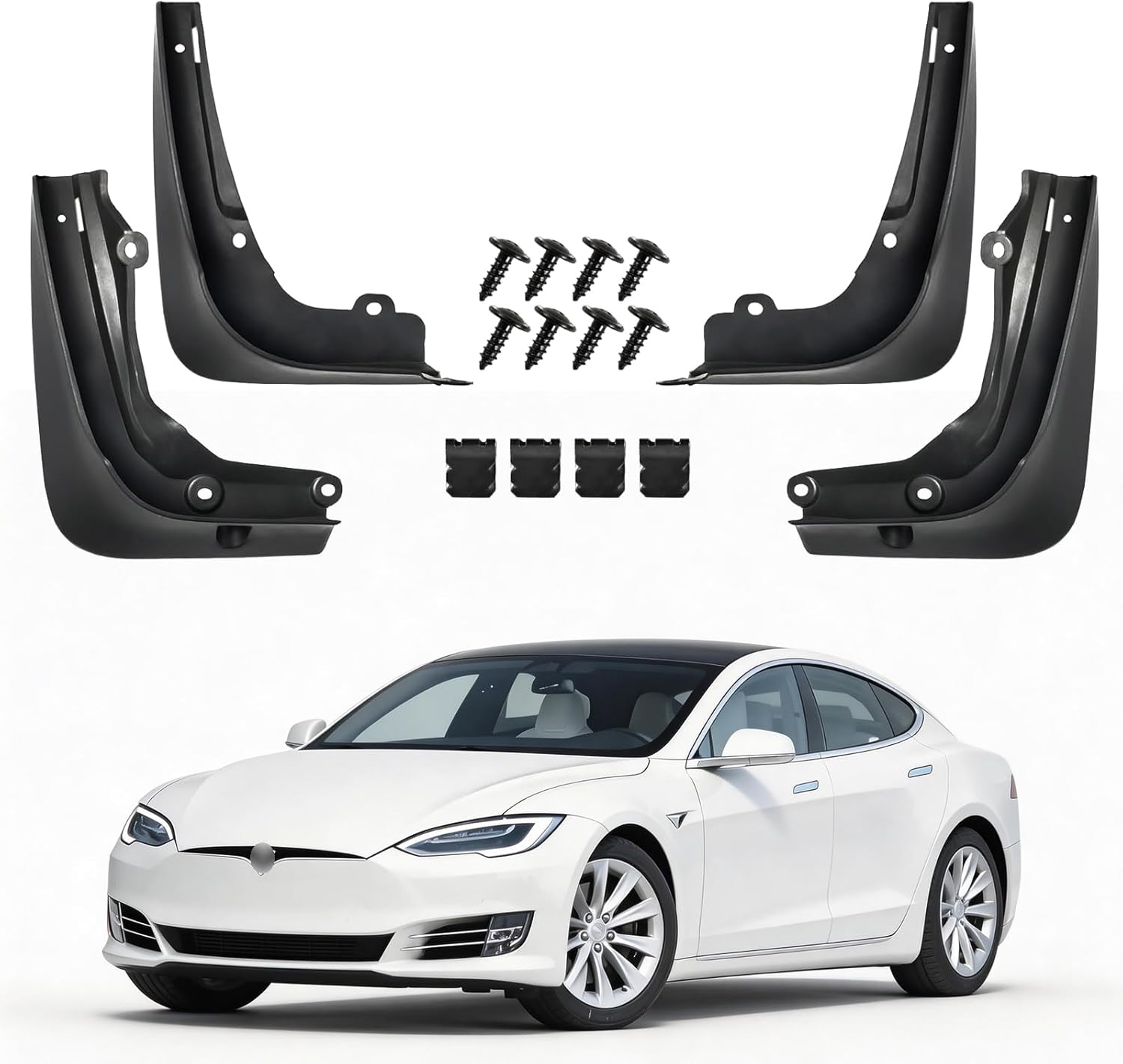 No Drill Mud Flaps for 2014-2020 Tesla Model S, Aerodynamic Heavy Duty Front & Rear All Weather Splash Guards Set for 75/100D/P100D/Long Range plus Models, OEM-Style Textured Black Mud Guards