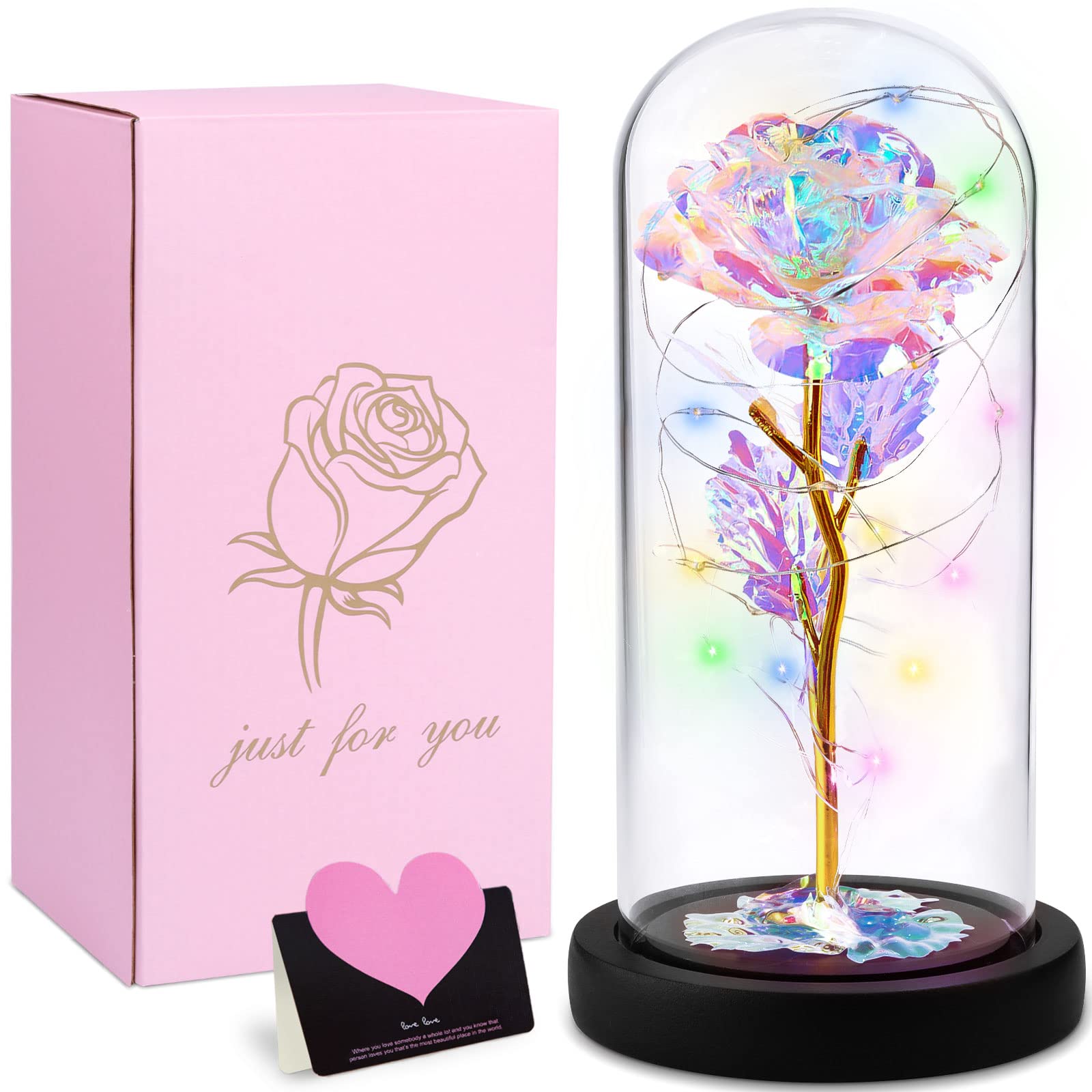 La Bella e La Bestia Rosa per Sempre in Cupola di Vetro Fiore Artificiale Kit in Lamina d'oro con Luce a LED Regalo Romantico