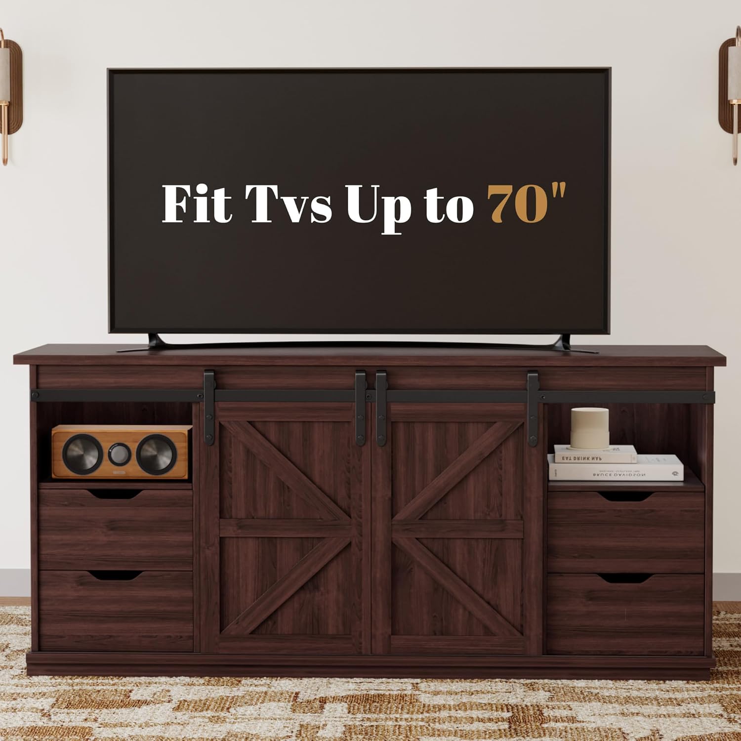 TV stand with a 70-inch TV, demonstrating compatibility