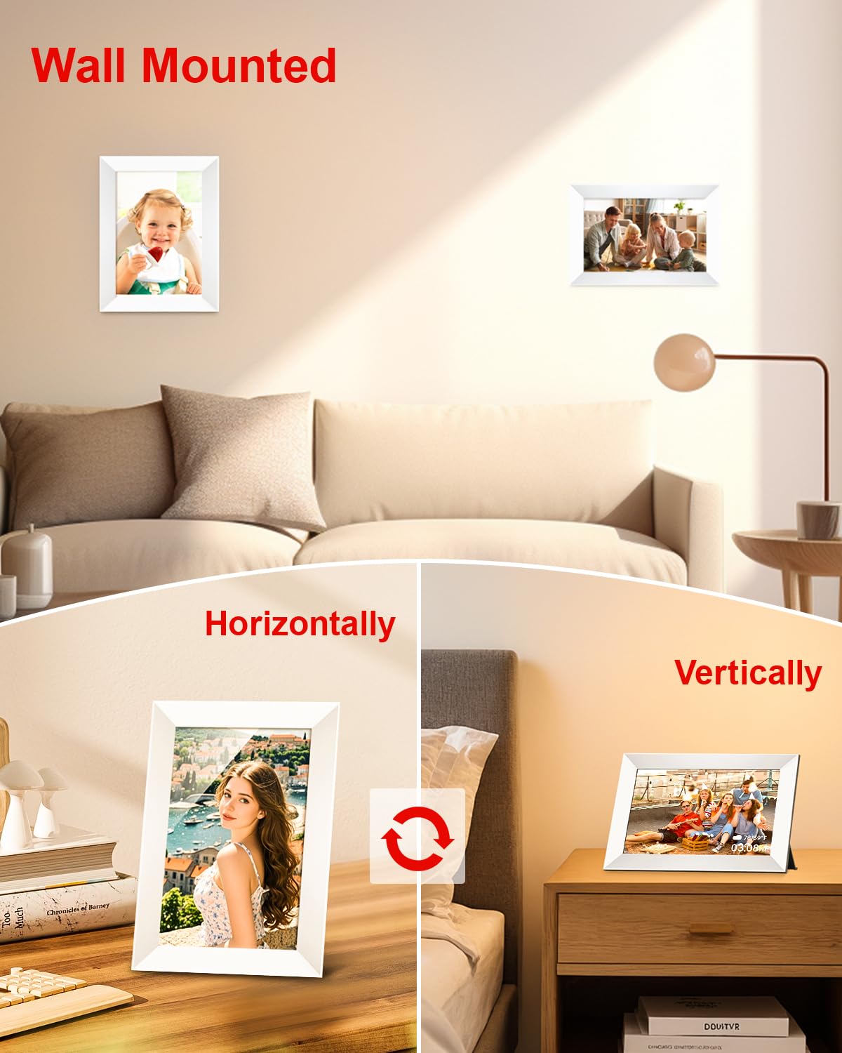10,1 Zoll WiFi Digitaler Bilderrahmen, 1280x800 HD IPS Touchscreen Foto Rahmen, 32GB Speicher, Automatische Rotation, Wandmontagefähig (White, Frameo 10)