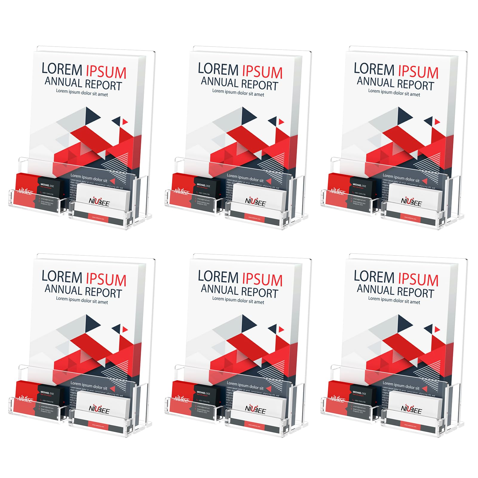 NIUBEE 6-Pack Acrylic Brochure Holder 8.5*11 inches , Clear Brochure Display Stand with Acrylic Business Card Holder, Plastic Flyer Display Stand for Magazine, Pamphlet, Booklets, Menu, Journals