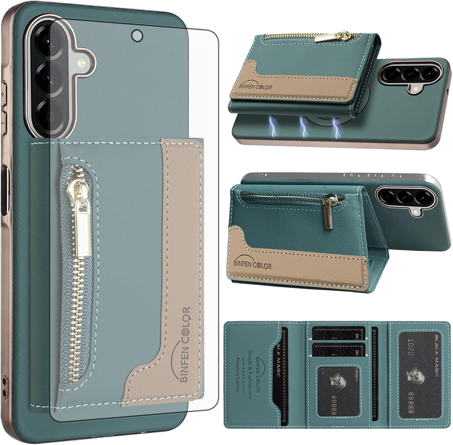 Asuwish Phone Case for Samsung Galaxy A36 5G Wallet Cell Cover Compatible with Magsafe RFID Tempered Glass Screen Protector Credit Card Holder Slot Stand A 36 36A LTE Women Men Green