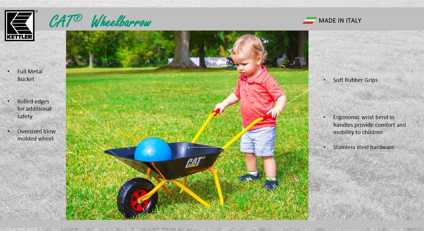 Rolly CAT Kids Wheelbarrow Ride On - Rust-Resistant Seamless Steel Tub with Rubber Hand Grips