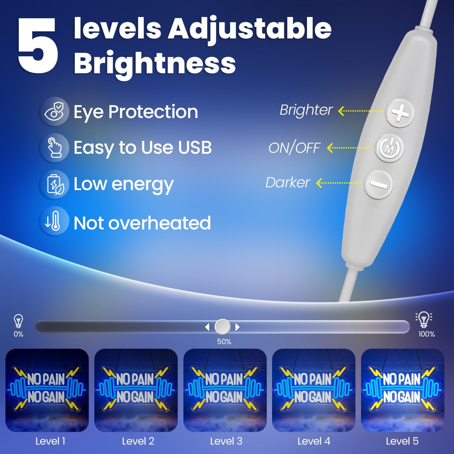 No Pain No Gain Neon Sign for Gym Wall Decor,Led Sign,Neon Lights for Bedroom,Motivational LED Light Up Sign for Home Fitness Room,Garage,Workout,Man Cave,Blue & Yellow Barbell Neon Light - Image 4