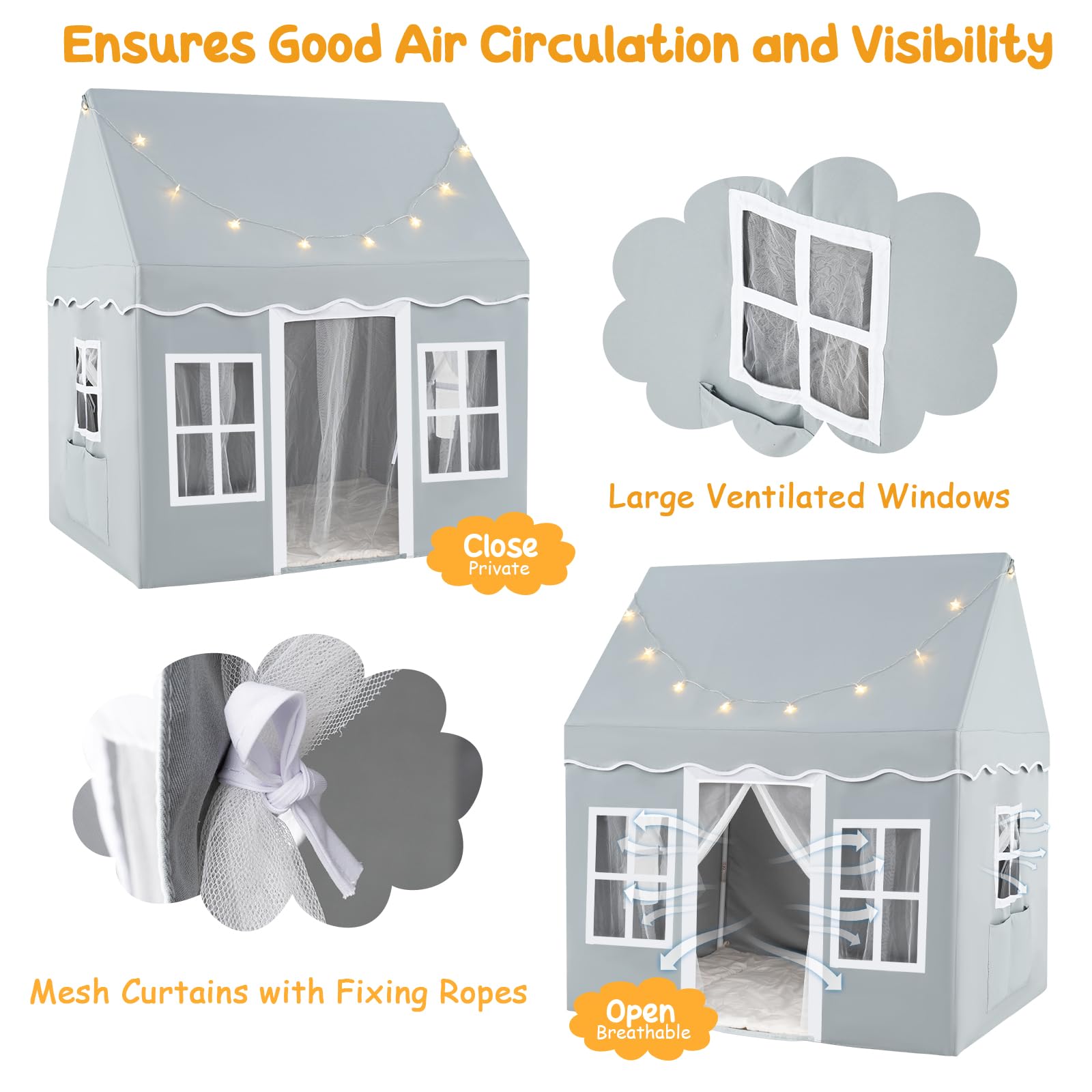 HOMASIS Kinderzelt Baumwolle, Kinder Spielhaus mit Sternenlichtern, Tragetasche & Vorhang, Spielzelt Prinzessin für Jungen & Mädchen, Indoor Kinderspielzelt Kinderspielhaus (Grey, ohne Matte)