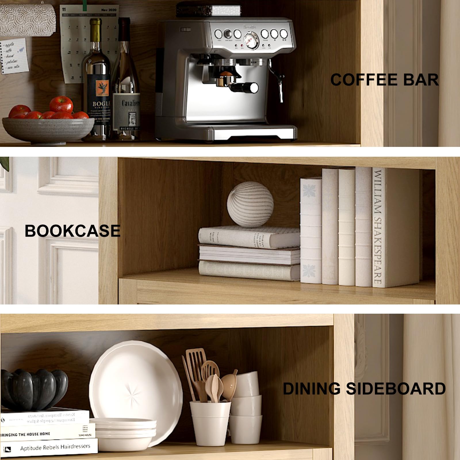 Armadietto corto ad arco con cassetti, libreria moderna in legno con anta, vetrina ad arco con ripiani, libreria per cucina, soggiorno, camera da letto, ingresso, naturale