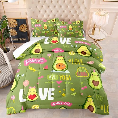 Miniatura 1 de Juego de edredón de dibujos animados de aguacate, bonito diseño de aguacate para niños y adultos, edredón de frutas tropicales verdes y amarillas,