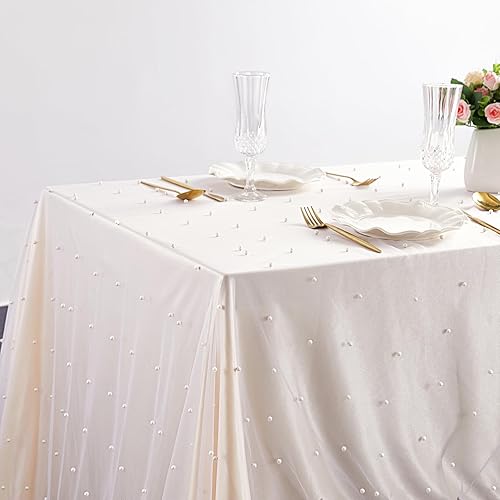 Miniatura 8 de Paquete de 2 manteles de tul blanco de 60 x 120 pulgadas, mantel de mesa de boda de 10 pies, para decoración de mesa de postre de arco de boda,