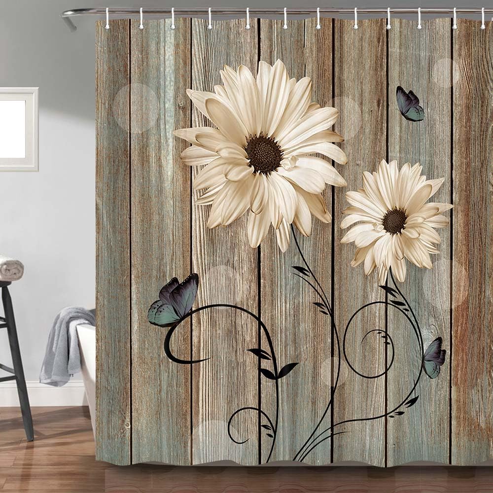 Rustic Floral Shower Curtain for Bathroom, Elegant Daisy Flower Butterflies Bath Curtains, Farmhouse Barn Wood Vintage Fabric Shower Curtain Sets with Hooks, 69x70 Inches