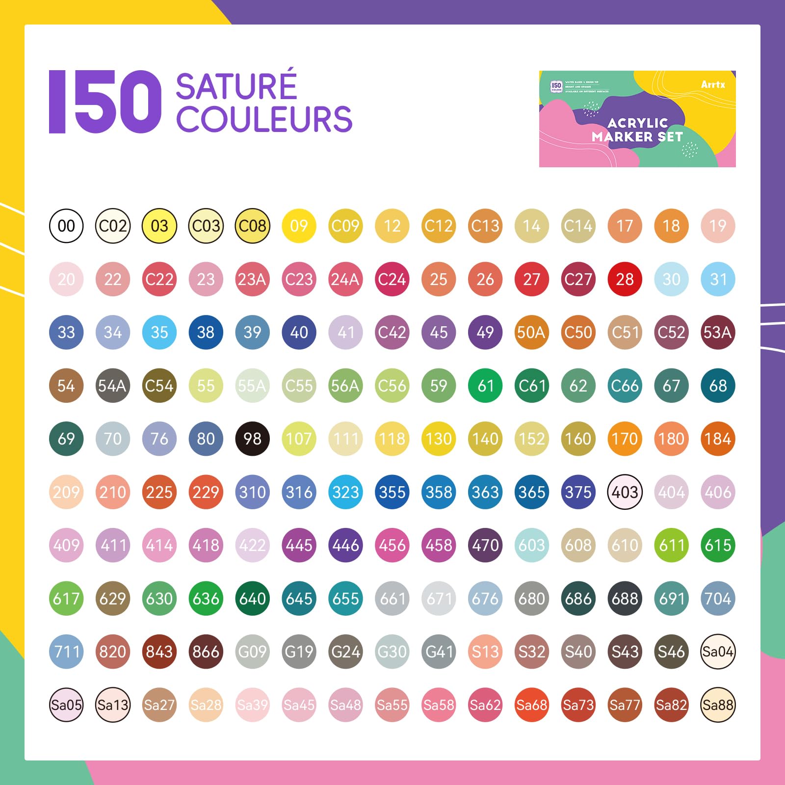Arrtx Lot de 150 marqueurs de peinture, stylos de peinture acrylique pour artistes, adultes, coloriage, dessin, dessin animé, anime, manga - Pointe pinceau pour peinture sur roche, bois, toile