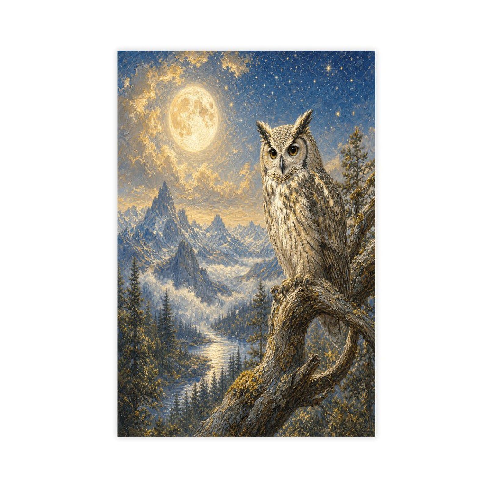 W7C8U2X3 Snowy Owl under Moon Canvas Wall Art, Celestial Wildlife