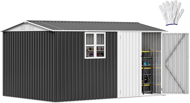 DWVO 12x8ft Large Tool Storage Shed with Window, Lockable Doors, and Sloped Roof, Oversized Steel Outdoor Storage Shed for Garden, Patio, Garage, Backyard, LawnGray + White