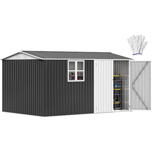 DWVO 12x8ft Large Tool Storage Shed with Window, Lockable Doors, and Sloped Roof, Oversized Steel Outdoor Storage Shed for Garden, Patio, Garage, Backyard, Lawn(Gray + White)