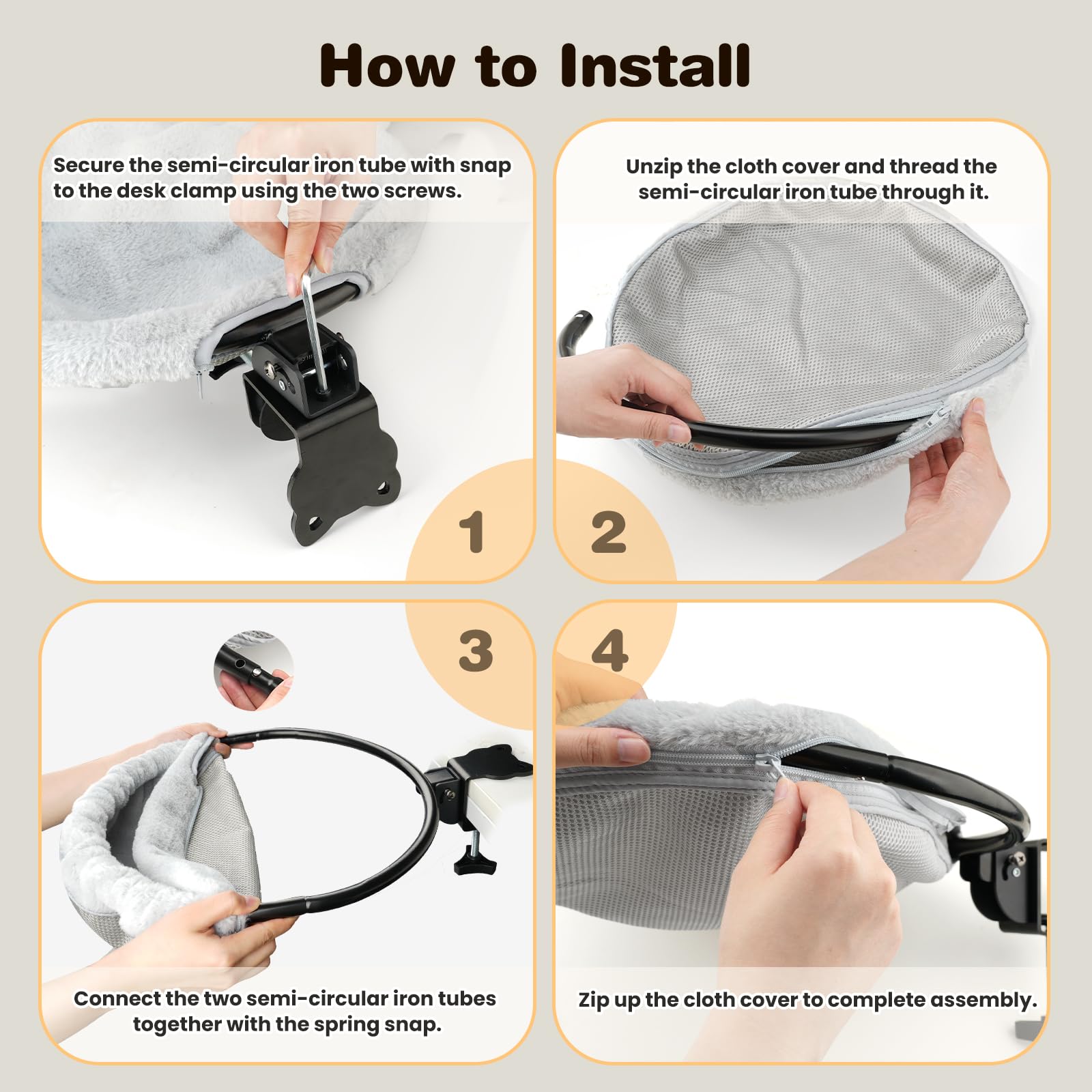 VavoPaw Cama-Escritorio para Gatos, Percha Metálica para Gatos Sin Necesidad De Taladrar, Hamaca Plegable con Clip Y Alfombrilla, Soporta hasta 18 Kg, Muebles para Gatos Que Ahorran Espacio, Gris