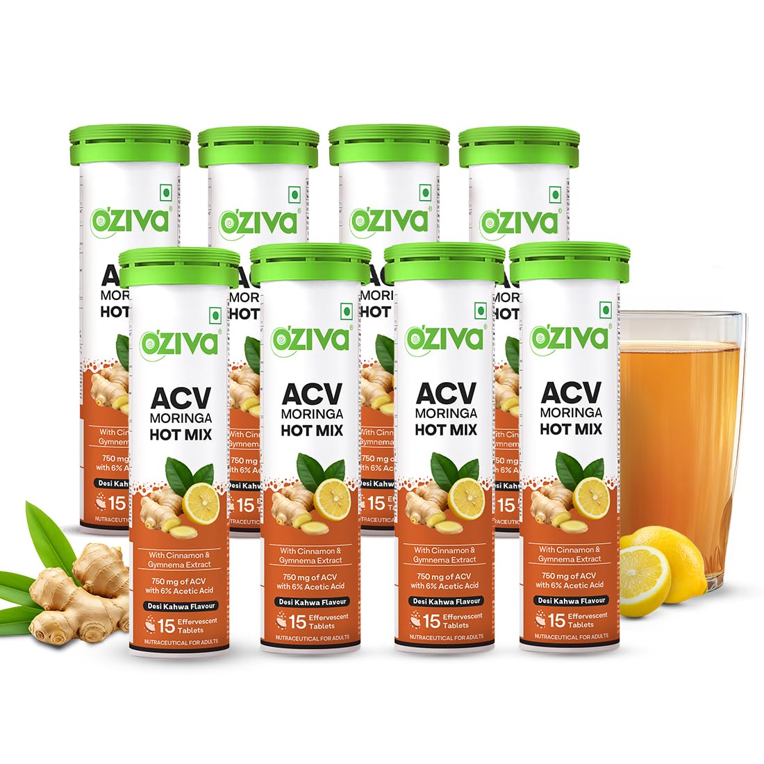 OZiva ACV Moringa Hot Mix | Control Cravings & Boost Metabolism | Apple Cider Vinegar, Gymnema, Cinnamon, Moringa | Desi Kahwa - 120 Effervscent Tablets. (Pack of 8)