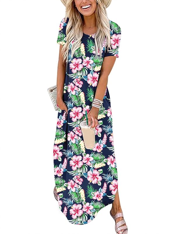 ANRABESS Womens Summer Maxi Dress Short Sleeve Casual Loose Long T Shirt Dresses Split Vacation Beach Sundress Travel Outfits,Floral Green Pink,XXL by ANRABESS - Used condition - US$24.64