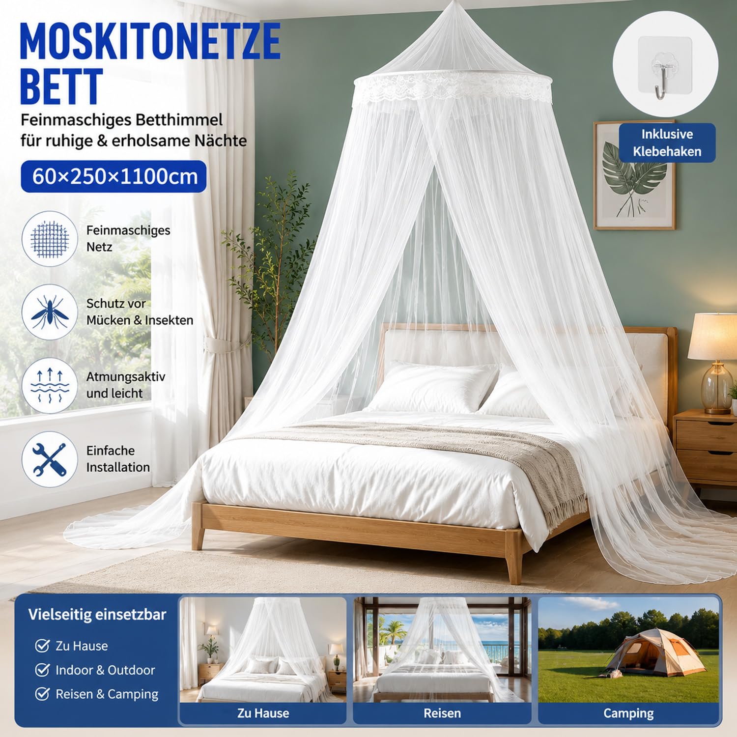 Zanzariera letto Zanzariera Letto Matrimoniale 60 x 250 x 1100cm,per Letto Bimbi/Matrimoniale/Singolo, Facile da Installare con Kit Completo,Protezione dalle Zanzare