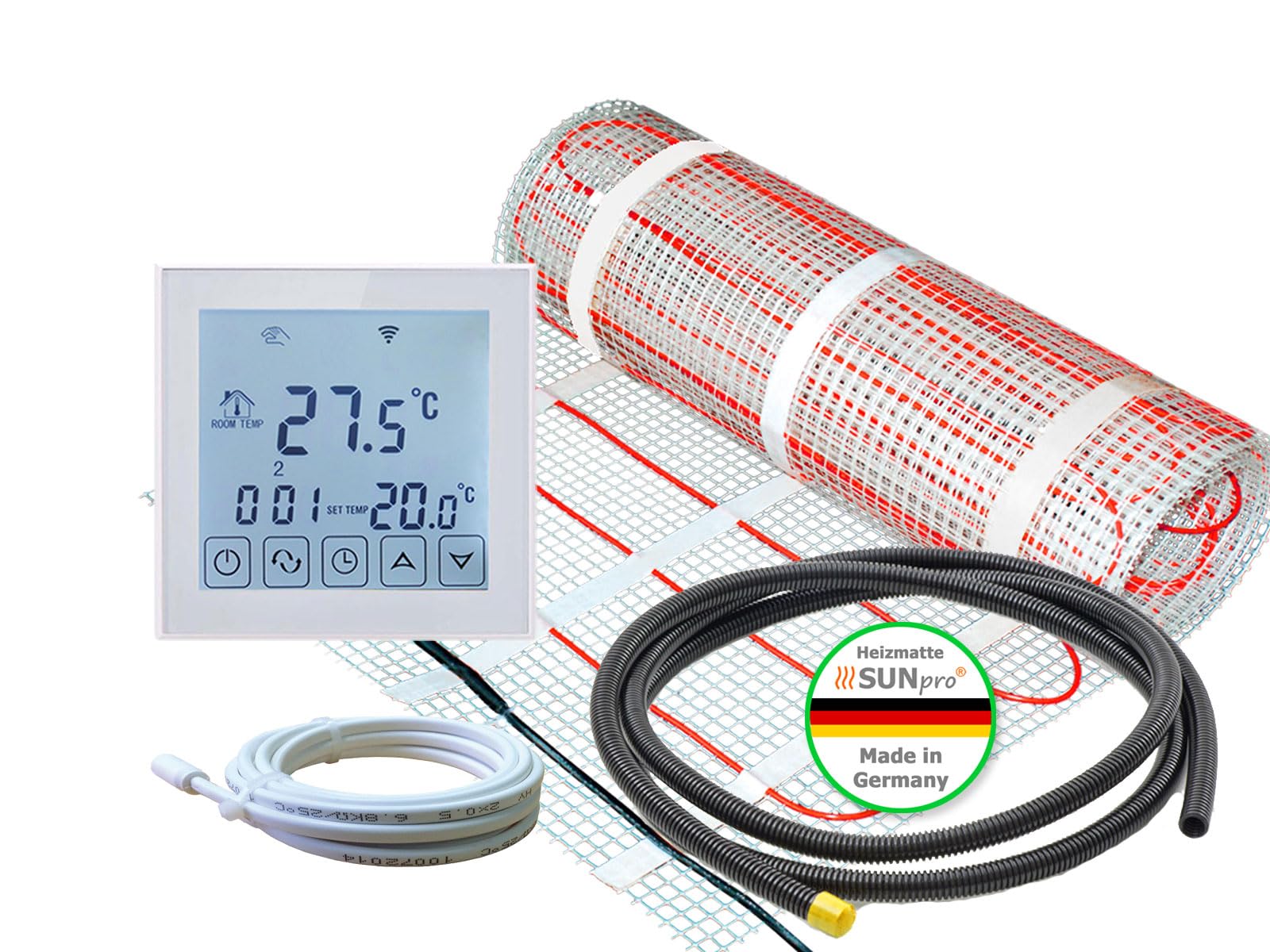 Komplett-Set elektrische Fußbodenheizung SunPro 160 für Fliesen, Naturstein mit Thermostat RT-60 Wlan (5 m² - 0,5 x 10 m)