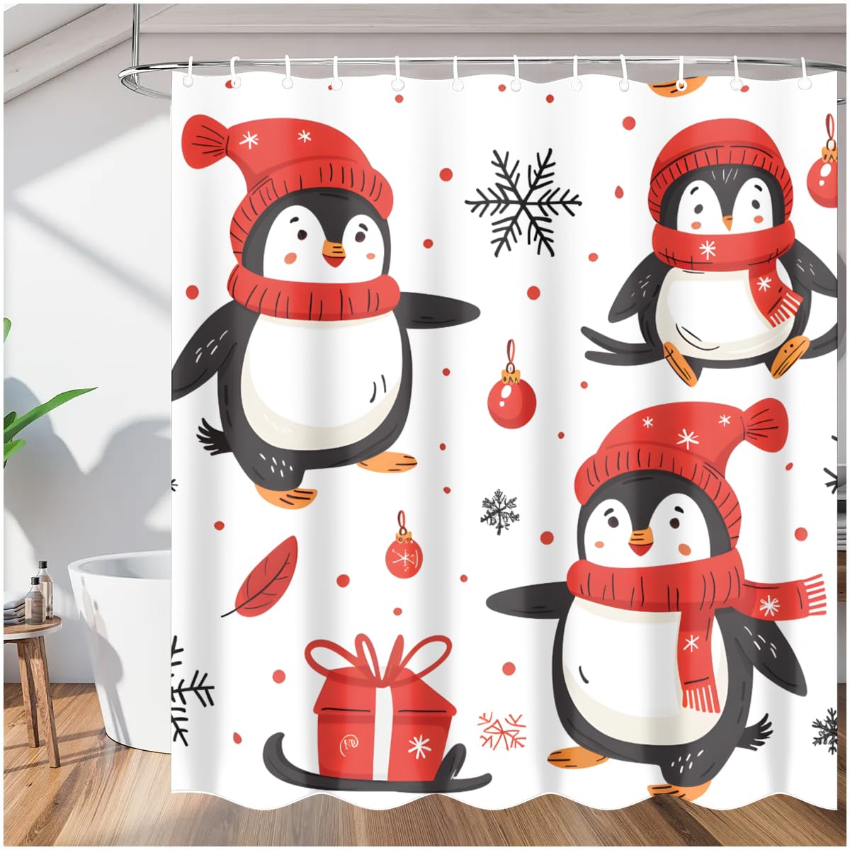 Rideau de douche pingouins d'hiver rustique et imperméable en tissu 183x183 cm avec crochets