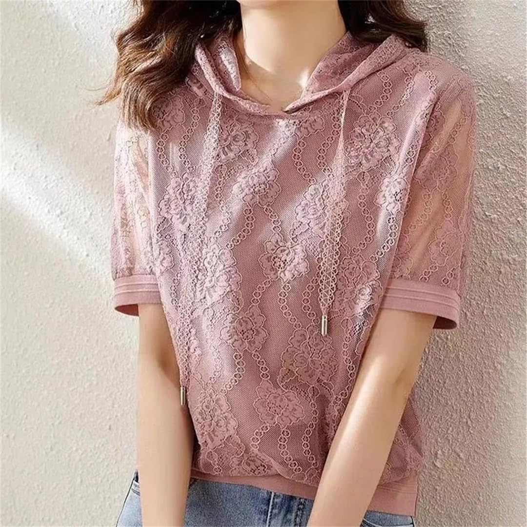 Camicetta dritta da donna con cappuccio estiva a maniche corte scava fuori casual pizzo patchwork con coulisse camicia
