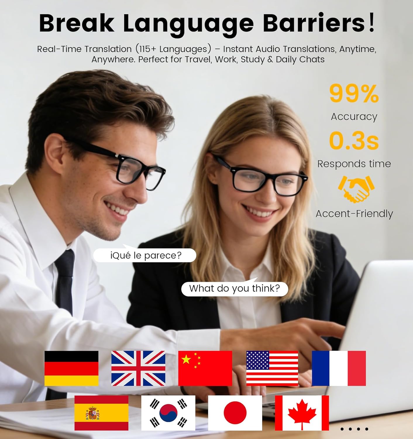 AI Smart Glasses for Men and Women with Real-Time Translation & Bluetooth Audio, 115 Languages Translator Glasses with Open-Ear Speakers, Hands-Free Calls, Blue Light Protection for iPhone Android